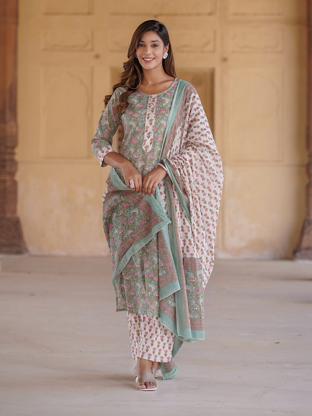 Women Green Floral Straight Kurta Pant and Dupatta Set