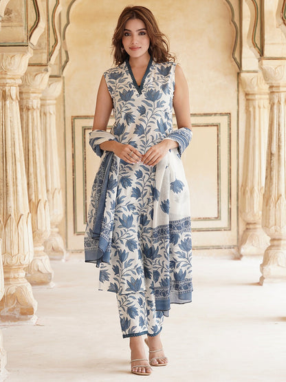White & blue Floral Printed V-Neck Pure Cotton Straight Kurta & Trousers With Dupatta