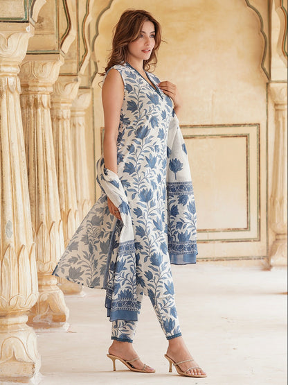 White & blue Floral Printed V-Neck Pure Cotton Straight Kurta & Trousers With Dupatta