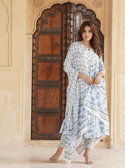 Blue and white Floral Printed Gotta Patti Pure Cotton Anarkali Kurta with Trousers & Dupatta