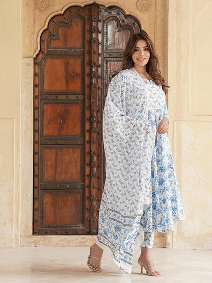 Blue and white Floral Printed Gotta Patti Pure Cotton Anarkali Kurta with Trousers & Dupatta