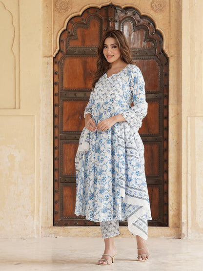 Blue and white Floral Printed Gotta Patti Pure Cotton Anarkali Kurta with Trousers & Dupatta