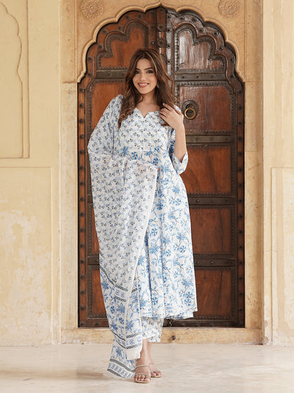 Blue and white Floral Printed Gotta Patti Pure Cotton Anarkali Kurta with Trousers & Dupatta