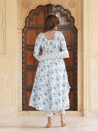 Blue and white Floral Printed Gotta Patti Pure Cotton Anarkali Kurta with Trousers & Dupatta