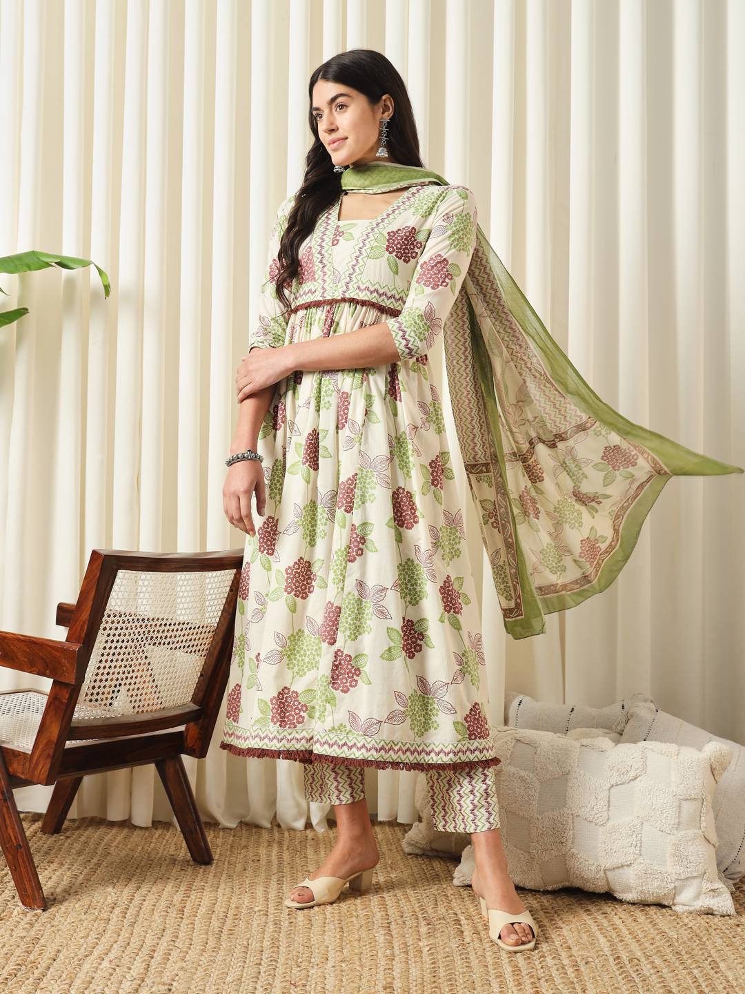 FASHION Floral Printed Empire Pure Cotton Flared Anarkali Kurta With Trousers & Dupatta
