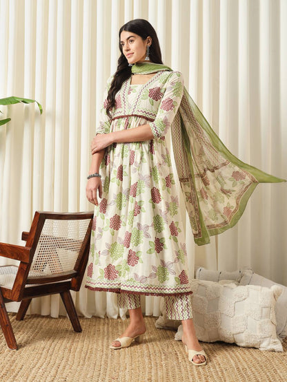 FASHION Floral Printed Empire Pure Cotton Flared Anarkali Kurta With Trousers & Dupatta