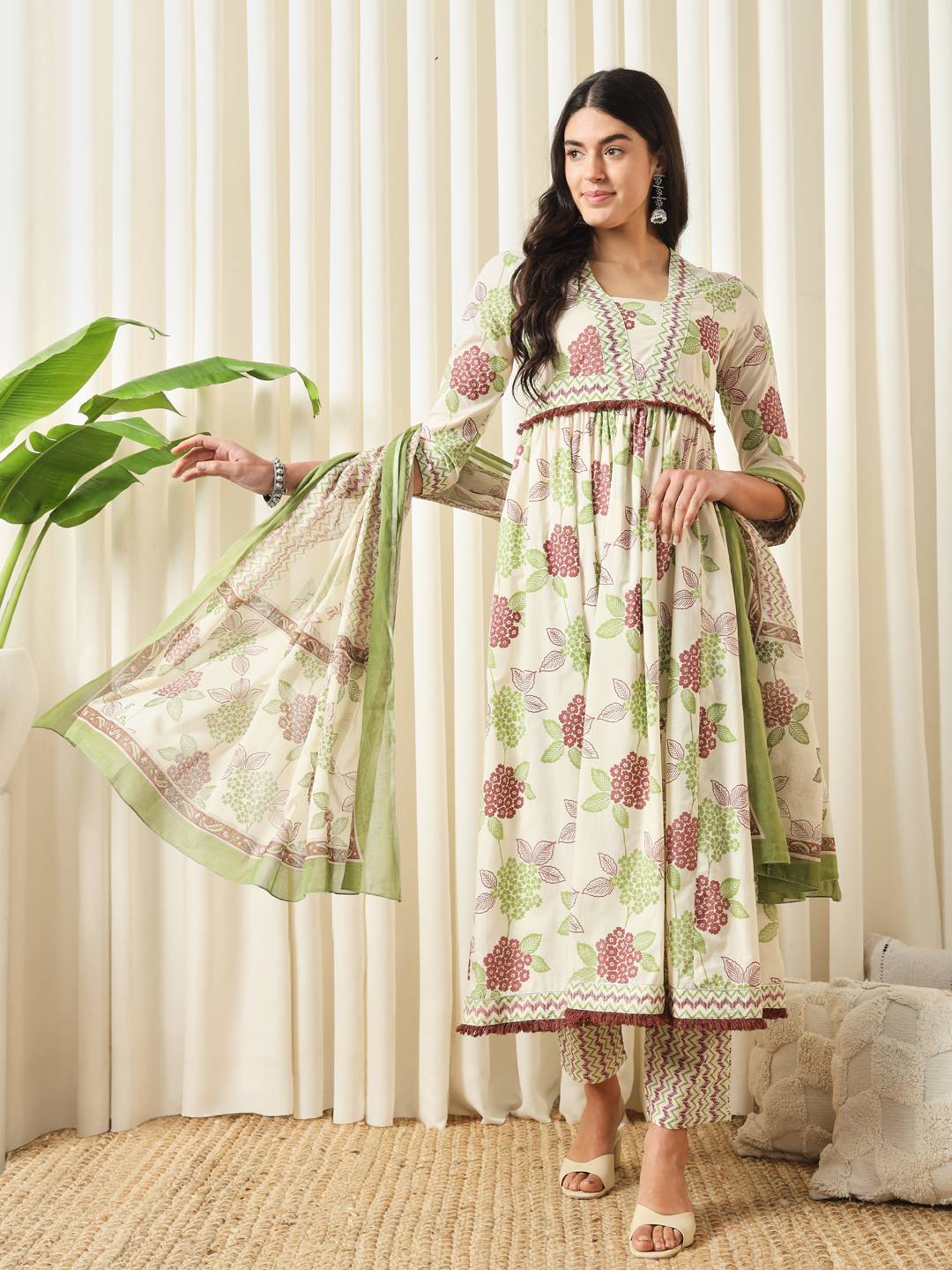 FASHION Floral Printed Empire Pure Cotton Flared Anarkali Kurta With Trousers & Dupatta