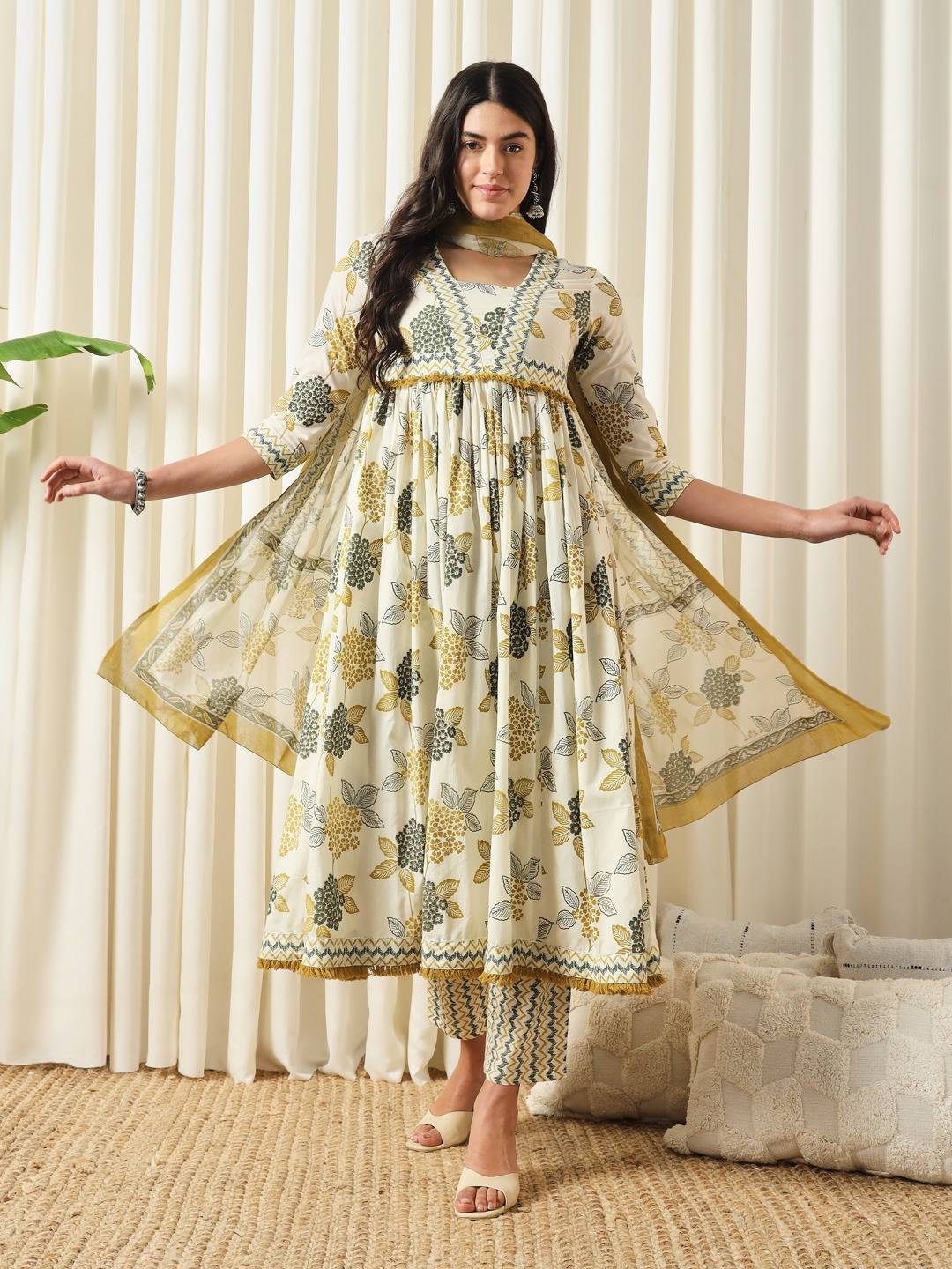 FASHION Floral Printed Empire Pure Cotton Flared Anarkali Kurta With Trousers & Dupatta Set