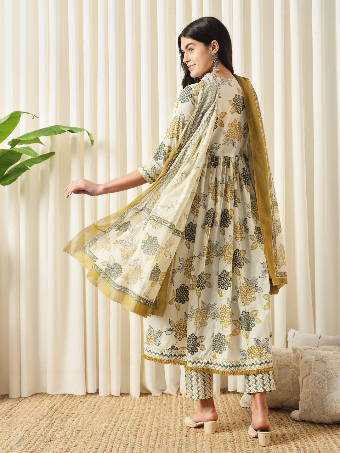 FASHION Floral Printed Empire Pure Cotton Flared Anarkali Kurta With Trousers & Dupatta Set