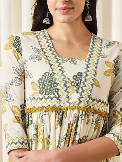 FASHION Floral Printed Empire Pure Cotton Flared Anarkali Kurta With Trousers & Dupatta Set