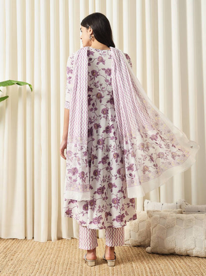 Purple printed kurta with trousers with dupatta