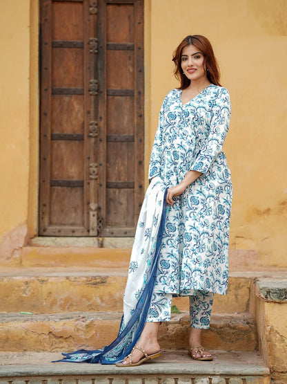White Blue Floral Printed Angrakha style Pure Cotton Kurta With Trousers & Dupatta