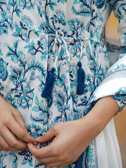 White Blue Floral Printed Angrakha style Pure Cotton Kurta With Trousers & Dupatta