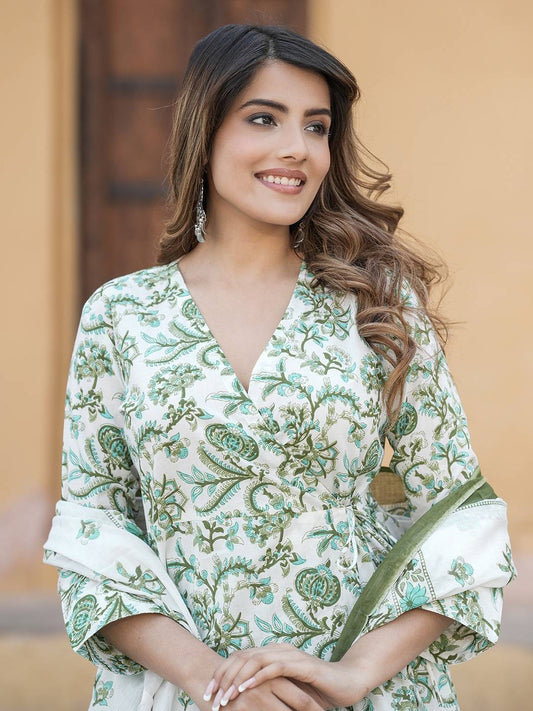 Women Green And White Angrakha Kurta Pant Dupatta Set
