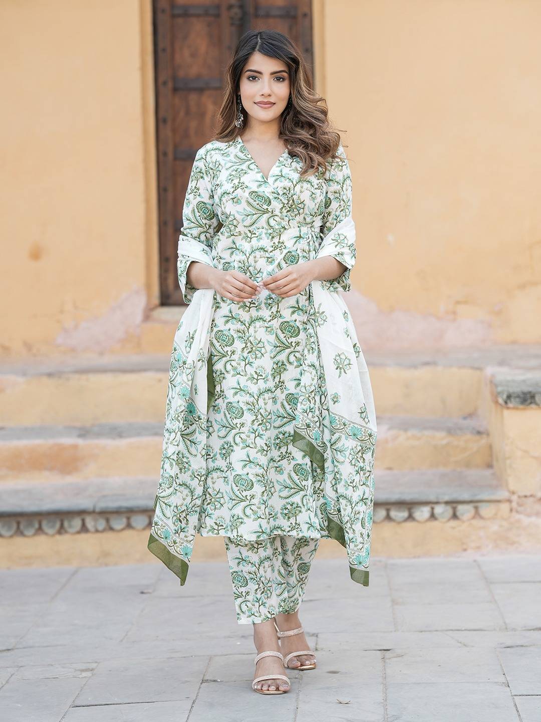 Women Green And White Angrakha Kurta Pant Dupatta Set