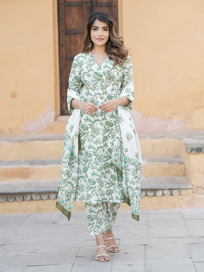 Women Green And White Angrakha Kurta Pant Dupatta Set