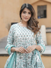 Women Grey And Turquoise Tiered Kurta Pant Dupatta Set