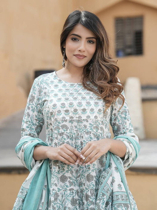 Women Grey And Turquoise Tiered Kurta Pant Dupatta Set