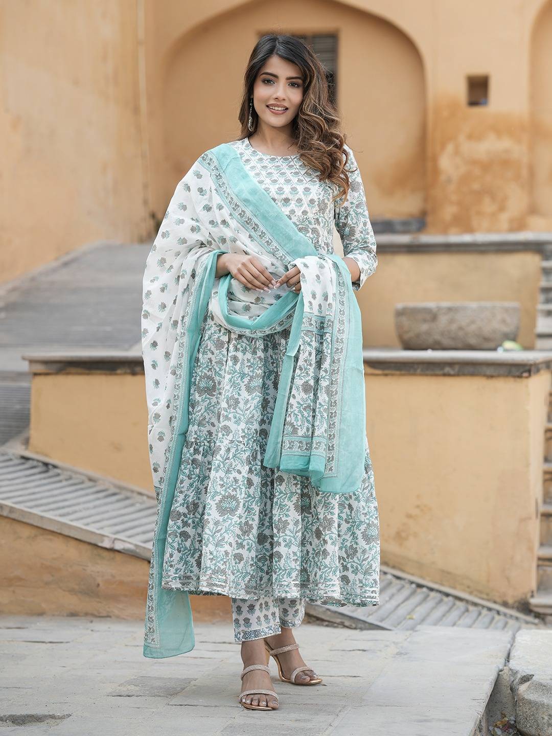 Women Grey And Turquoise Tiered Kurta Pant Dupatta Set
