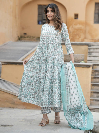 Women Grey And Turquoise Tiered Kurta Pant Dupatta Set