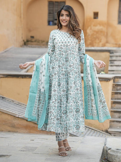 Women Grey And Turquoise Tiered Kurta Pant Dupatta Set