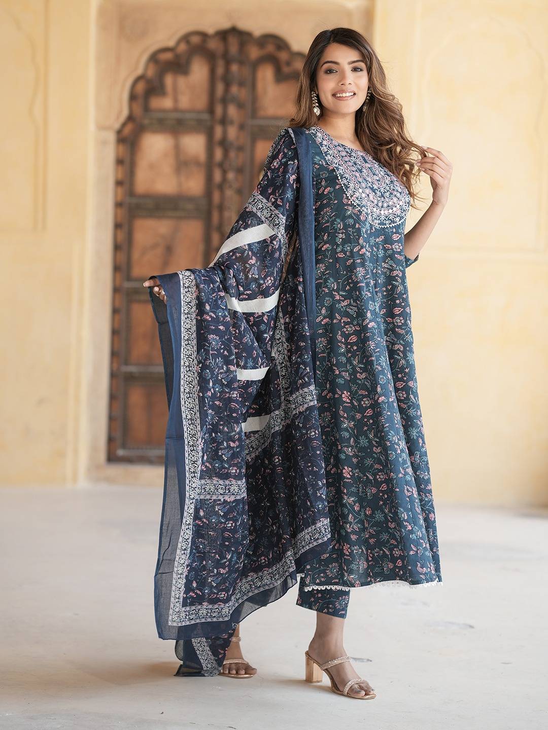 Women Blue Anarkali Kurta Pant Dupatta Set