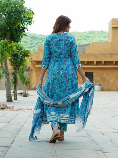 Floral Printed Angrakha Pure Cotton Anarkali Kurta With Trousers & Dupatta