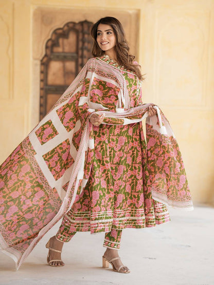 Women Mulit Angrakha Kurta Pant Dupatta Set