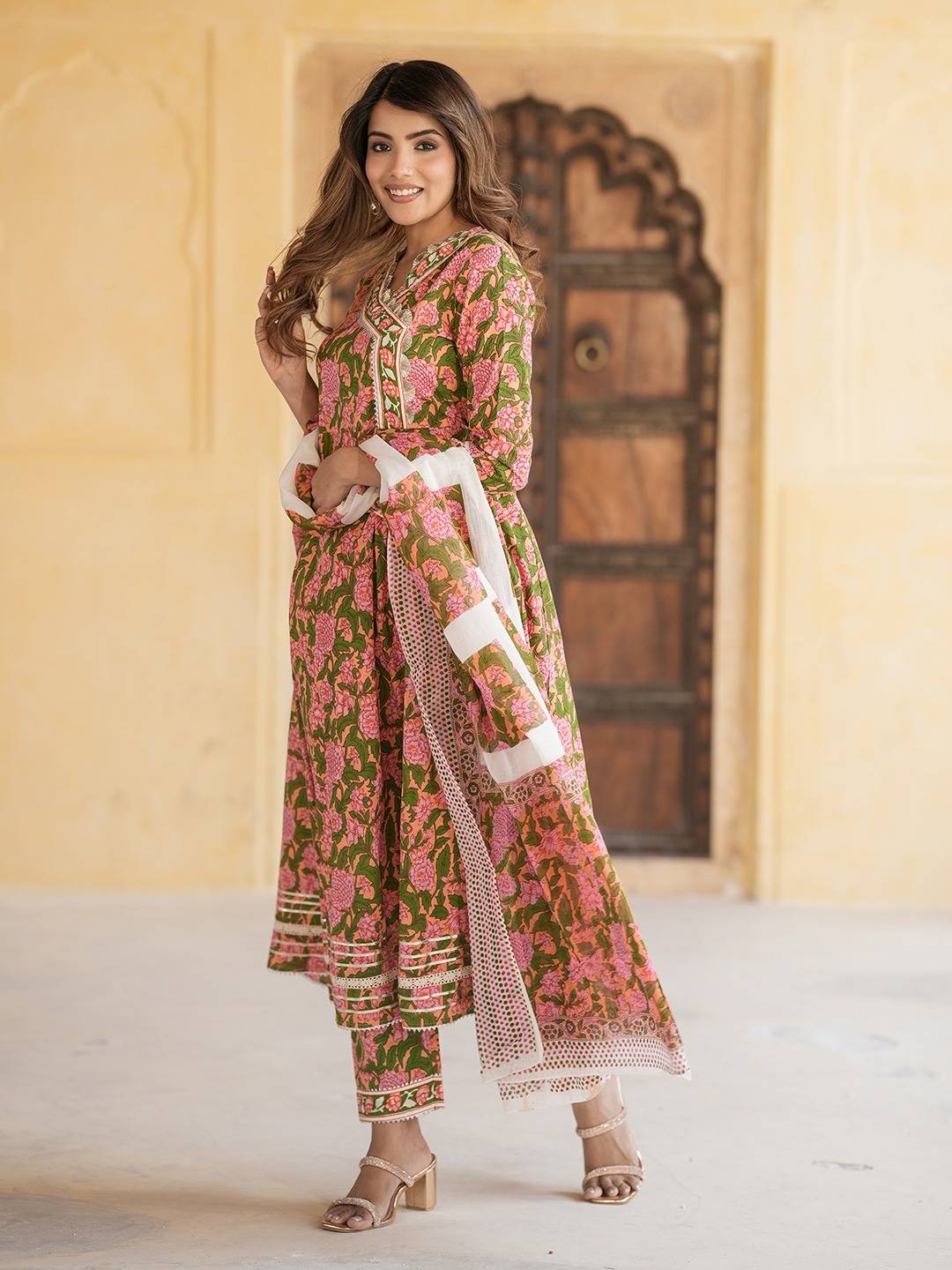 Women Mulit Angrakha Kurta Pant Dupatta Set