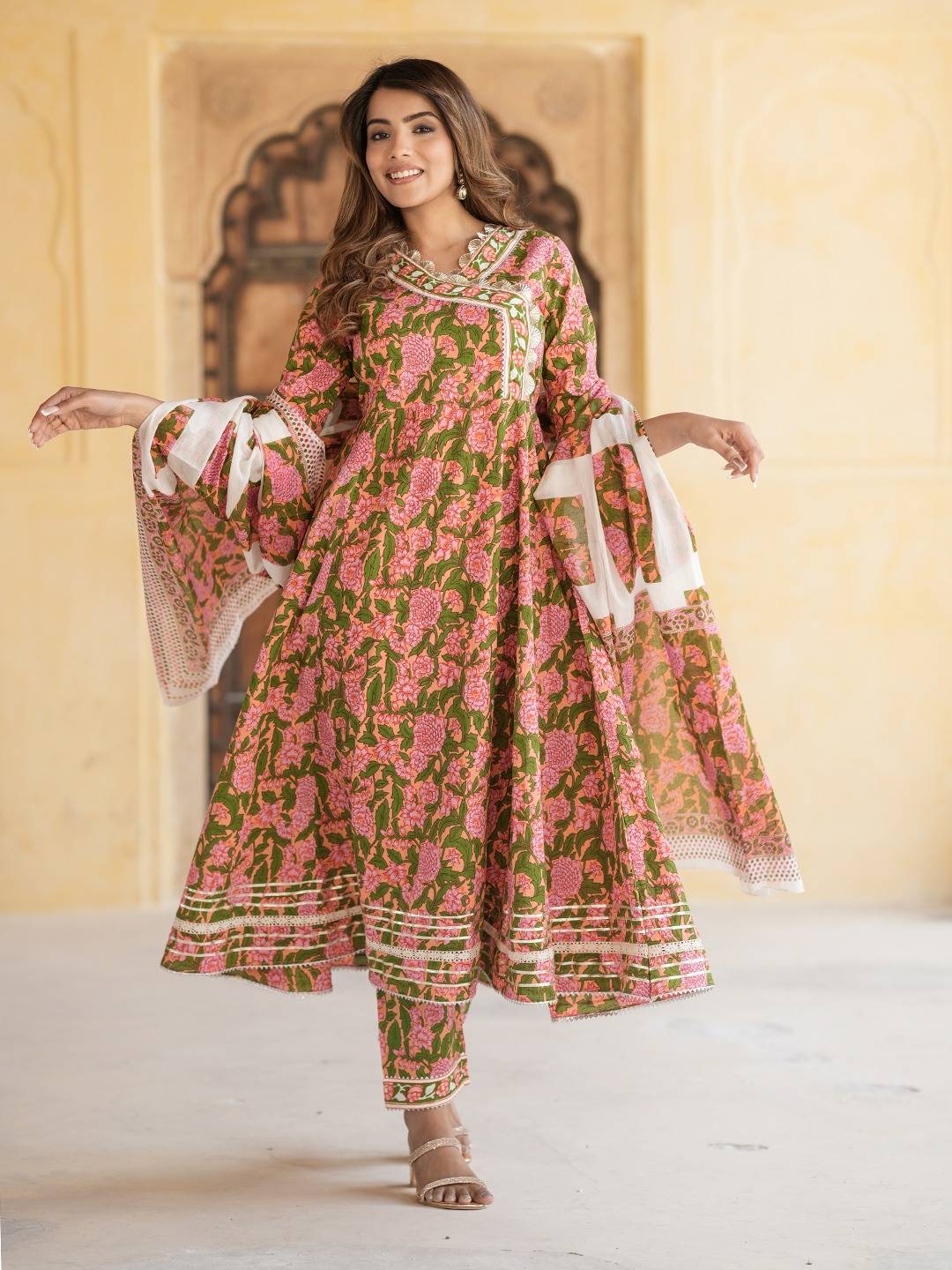 Women Mulit Angrakha Kurta Pant Dupatta Set