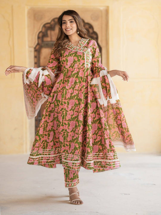 Women Mulit Angrakha Kurta Pant Dupatta Set