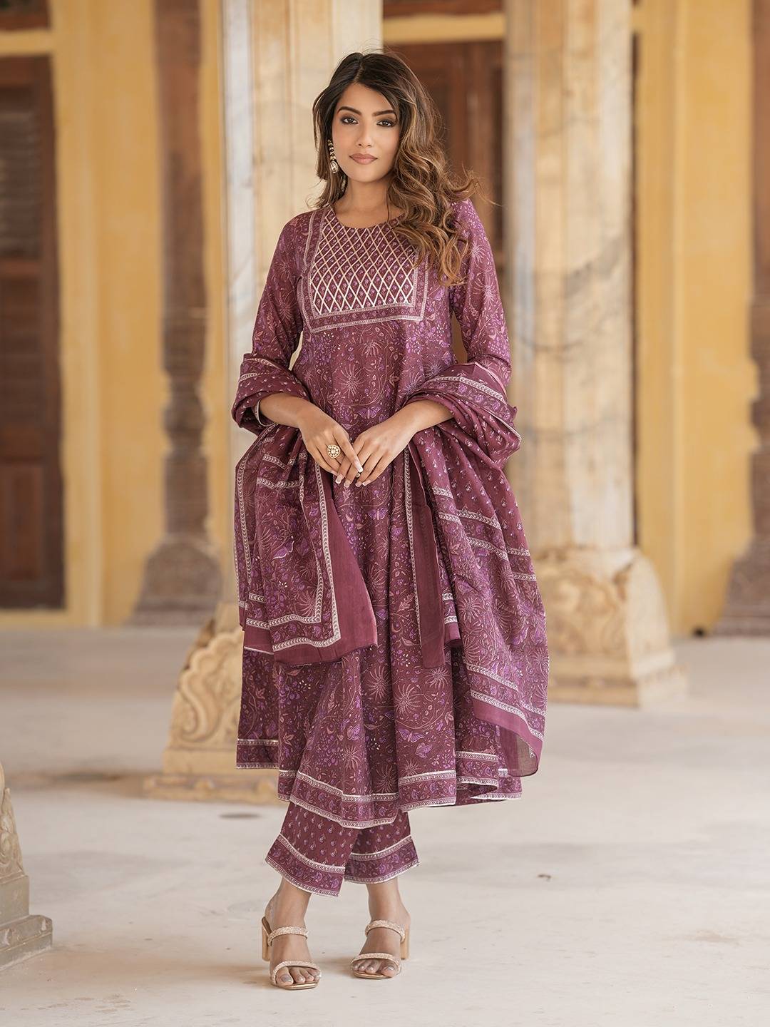 Women Mauve Anarkali Kurta Pant Dupatta Set
