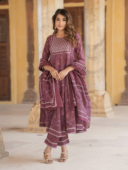 Women Mauve Anarkali Kurta Pant Dupatta Set