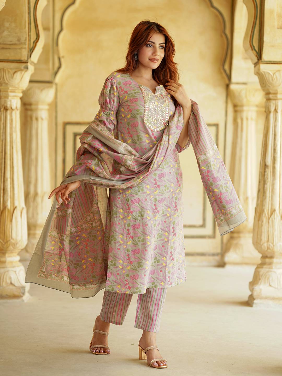 Floral Printed Mirror Work Pure Cotton Straight Kurta With Trousers & Dupatta