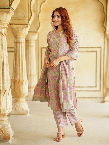 Floral Printed Mirror Work Pure Cotton Straight Kurta With Trousers & Dupatta