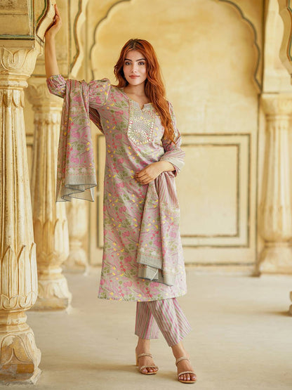 Floral Printed Mirror Work Pure Cotton Straight Kurta With Trousers & Dupatta