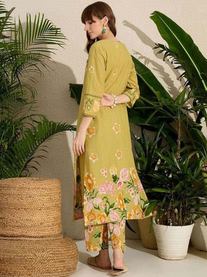 Dhiyona IE Printed Notch Neck Straight Pure Cotton Kurta With Pants