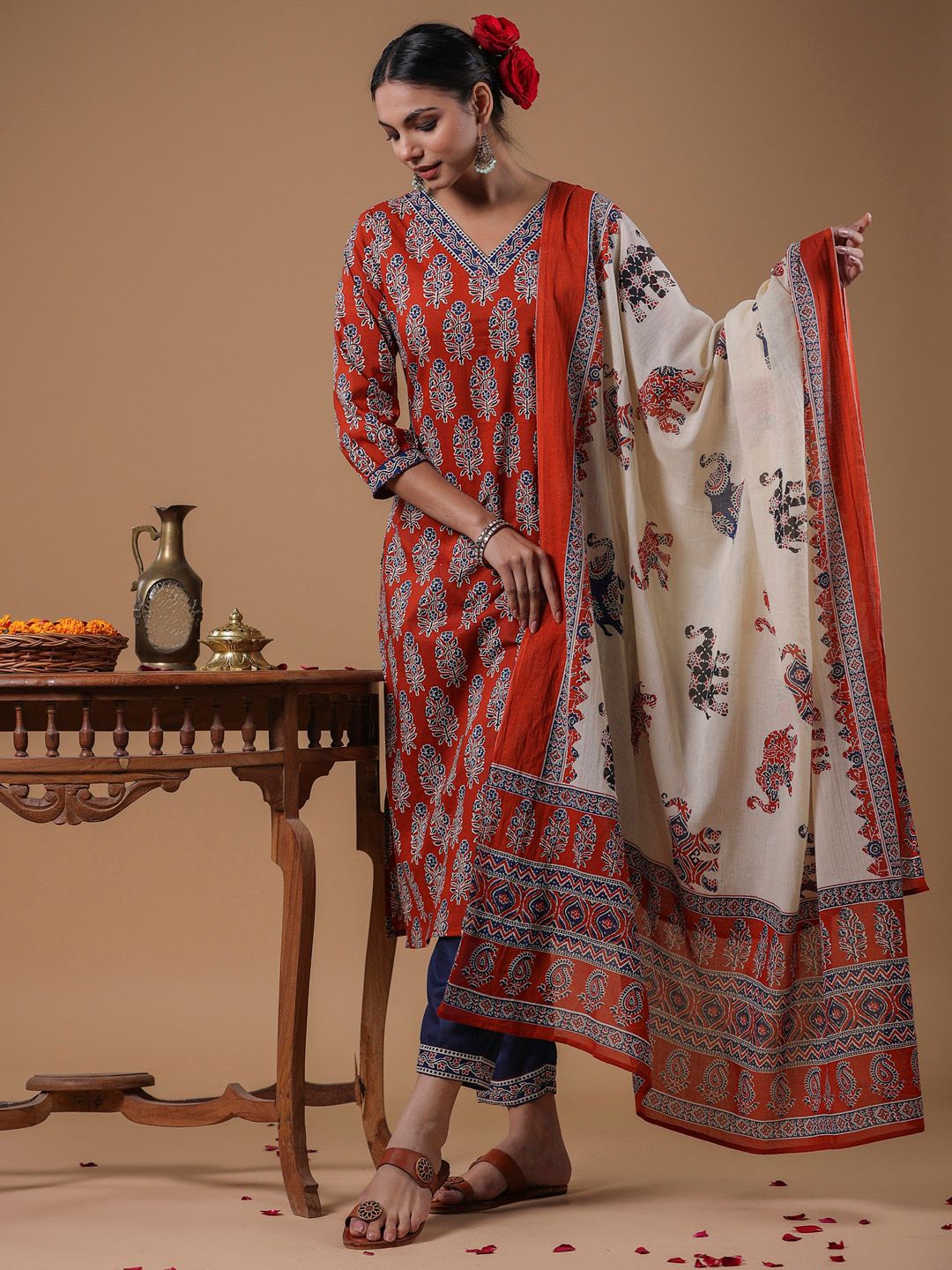 Women Rust Ethnic Motifs Printed Regular Pure Cotton Kurta with Trousers & With Dupatta