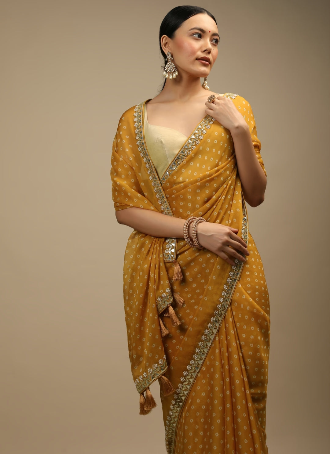 Dhiyona GR Women's Jully Mustard Chinnon Silk Saree