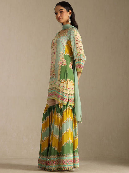 Dhiyona SO Women's Floral Printed Mirror Work Straight Kurta With Sharara & With Dupatta
