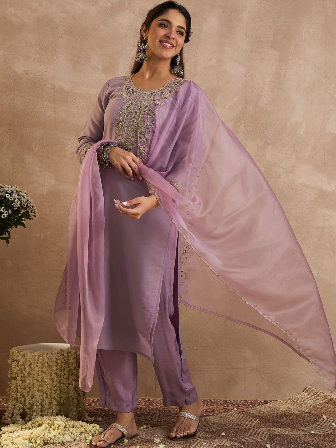 Women Ethnic Motifs Embroidered Regular Liva Kurta with Trousers & Dupatta