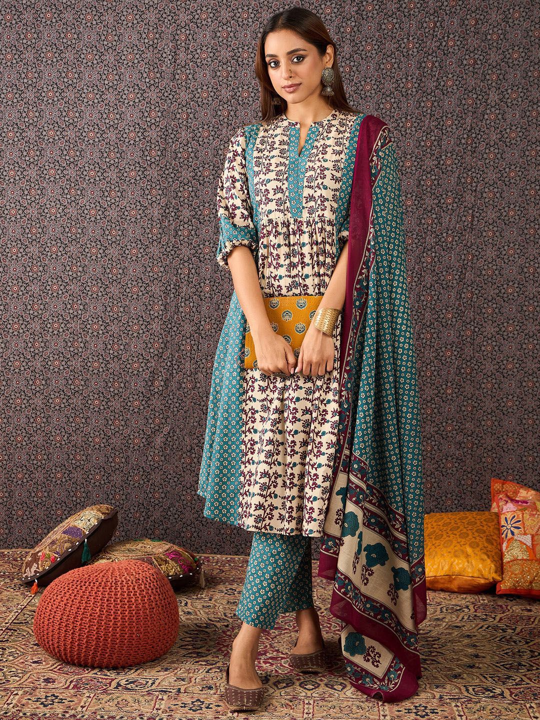 Floral Printed Mandarin Collar Pure Cotton A-Line Kurta & Trousers With Dupatta