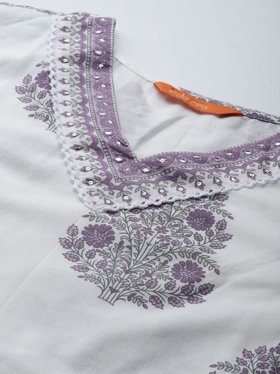 Floral Printed Sequinned V-Neck Pure Cotton Kurta with Trousers & Dupatta