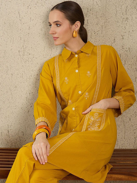 Dhiyona IE Women Embroidered Shirt Collar Cotton Top and Trousers Co-Ords
