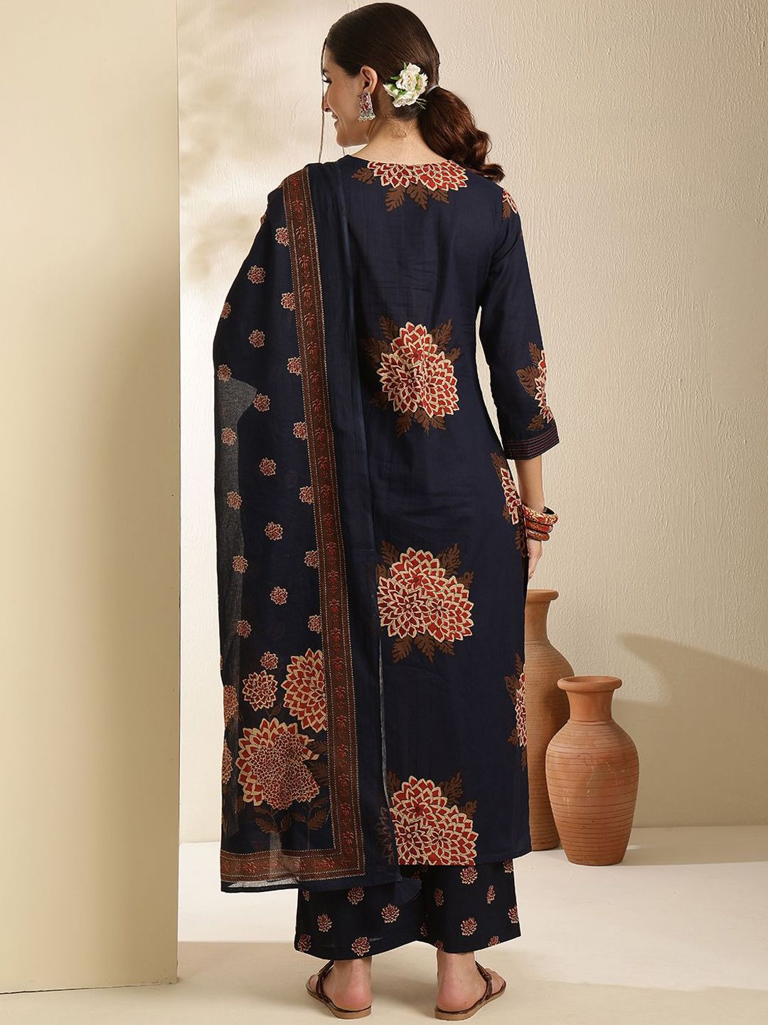 Dhiyona SN Women's Floral Printed Pure Cotton V-Neck Straight Kurta With Trouser & Dupatta