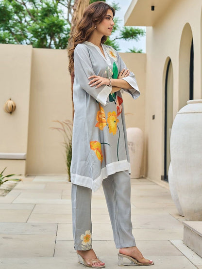 Floral Printed Mandarin Collar A-Line Sequinned Kurta With Trousers