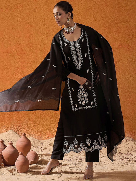 Dhiyona IE Floral Embroidered Straight Thread Work Kurta with Trousers & Dupatta