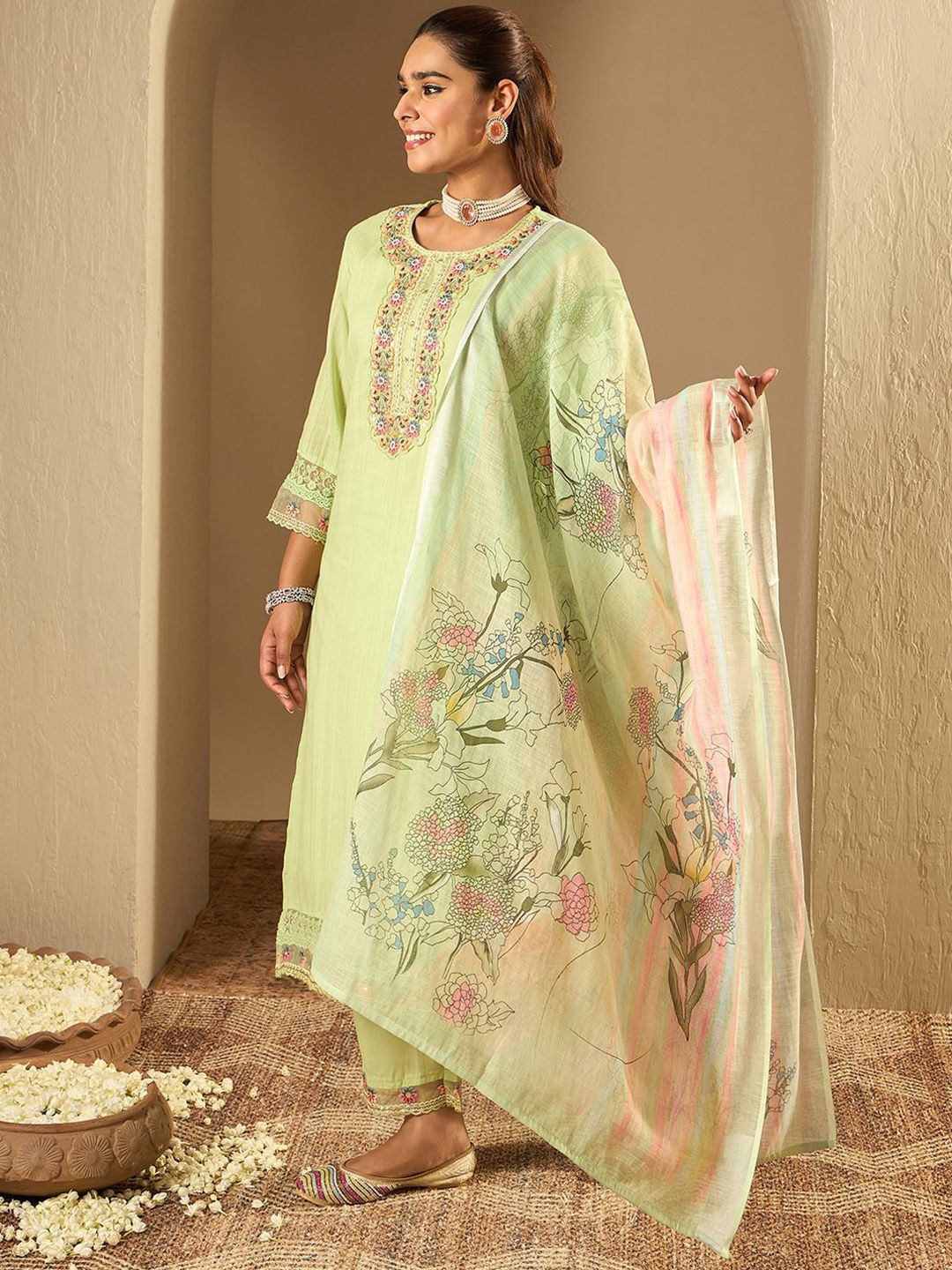 Floral Embroidered Pure Cotton Straight Kurta With Trousers & Dupatta