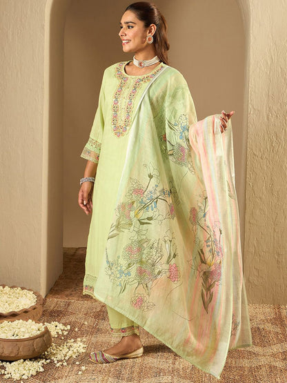 Floral Embroidered Pure Cotton Straight Kurta With Trousers & Dupatta