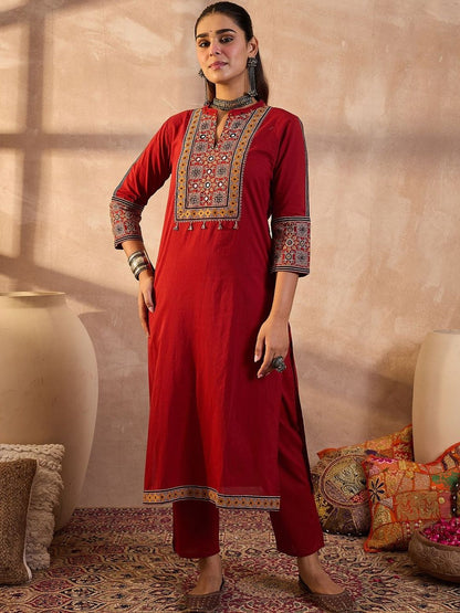 Women Ethnic Motifs Embroidered Beads and Stones Pure Cotton Kurta with Trousers